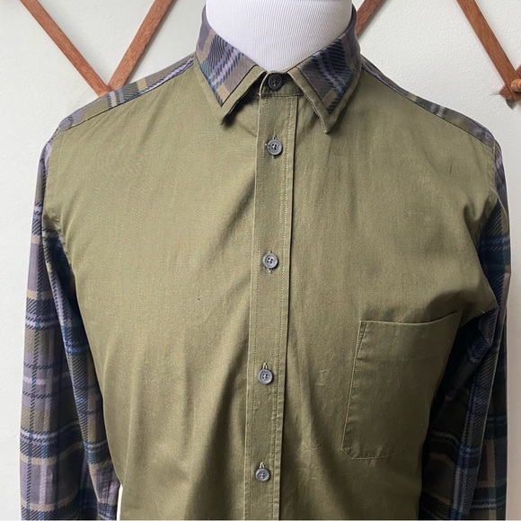 Givenchy Paris Plaid Sleeve Designer Button Up Olive Green Shirt Medium - Picture 2 of 16